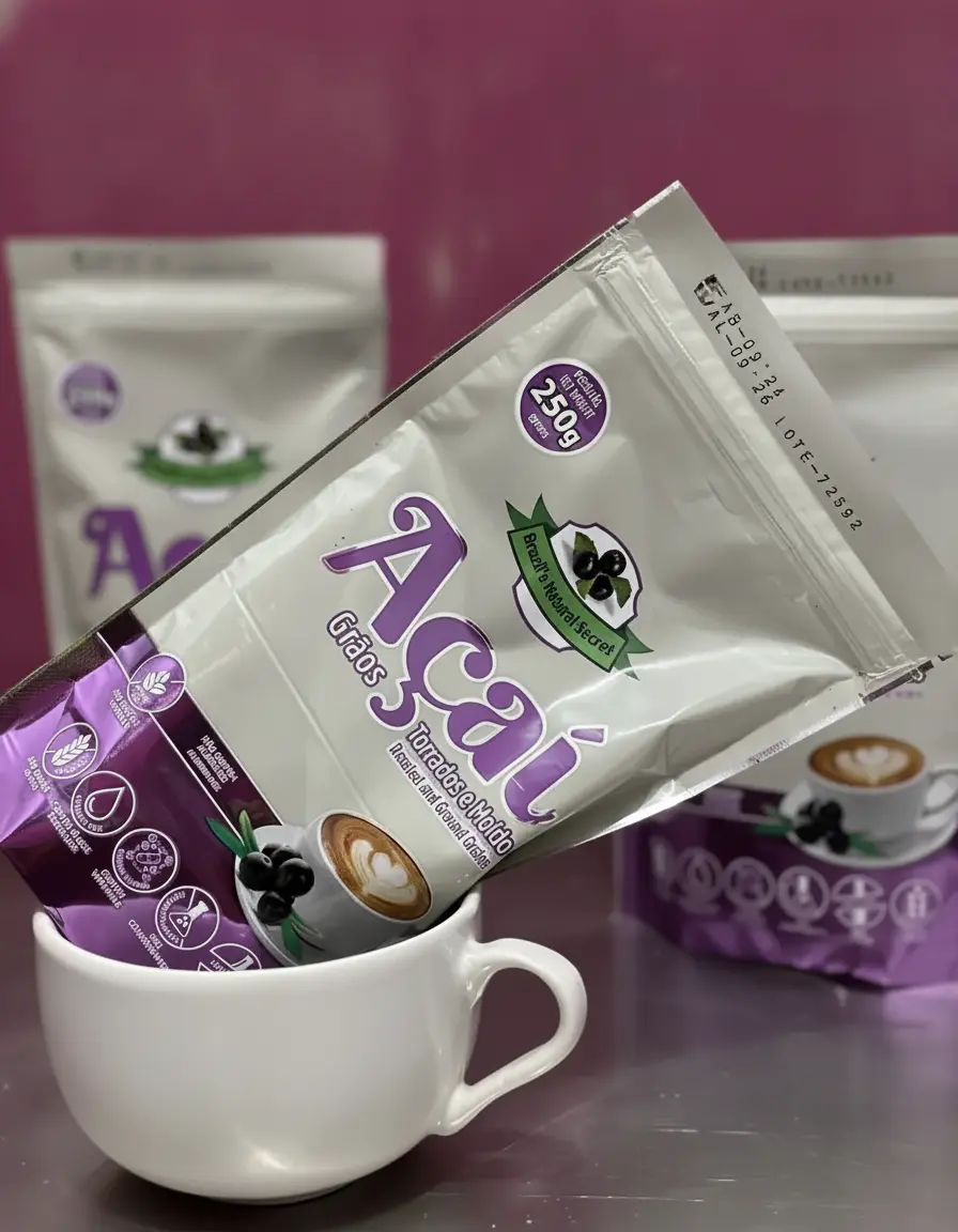 A bag of Dripssai açaí coffee resting in a white cup